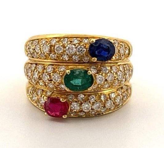 Natural Ruby Emerald 18K Yellow Gold Sapphire Diamond Wide Ring-Rings-Devine &amp; Co.