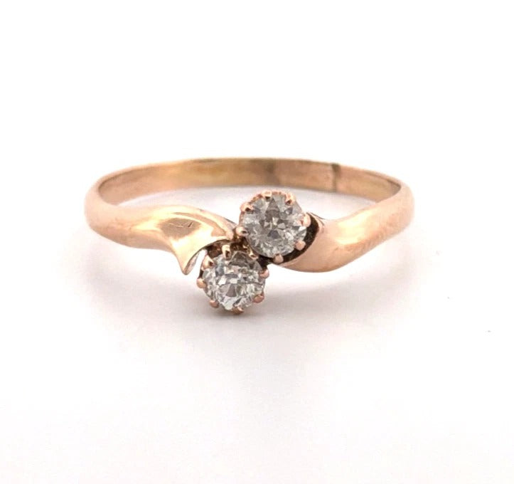 Antique 14K Rose Gold 0.40CTW Old Mine Cut Diamond 2-Stone Bypass Ring Size 9.75