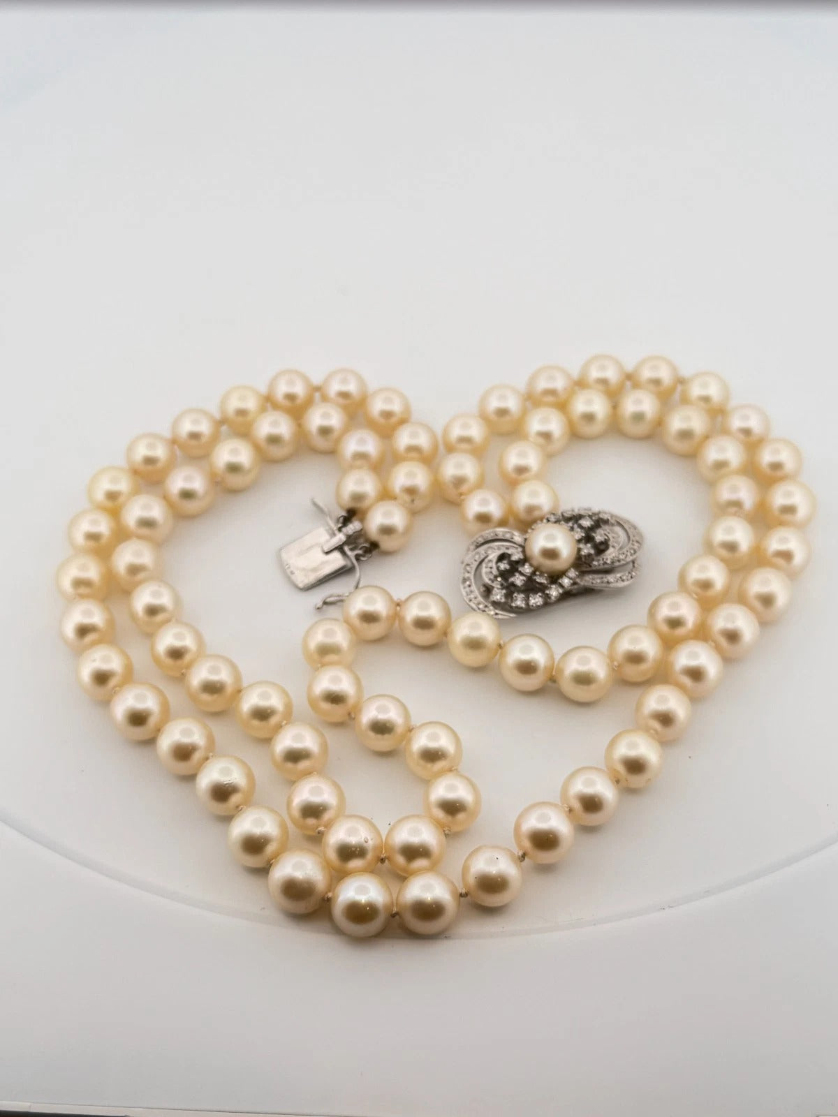 Vintage 10K White Gold Diamond Clasp Two-Strand Akoya Pearl Necklace