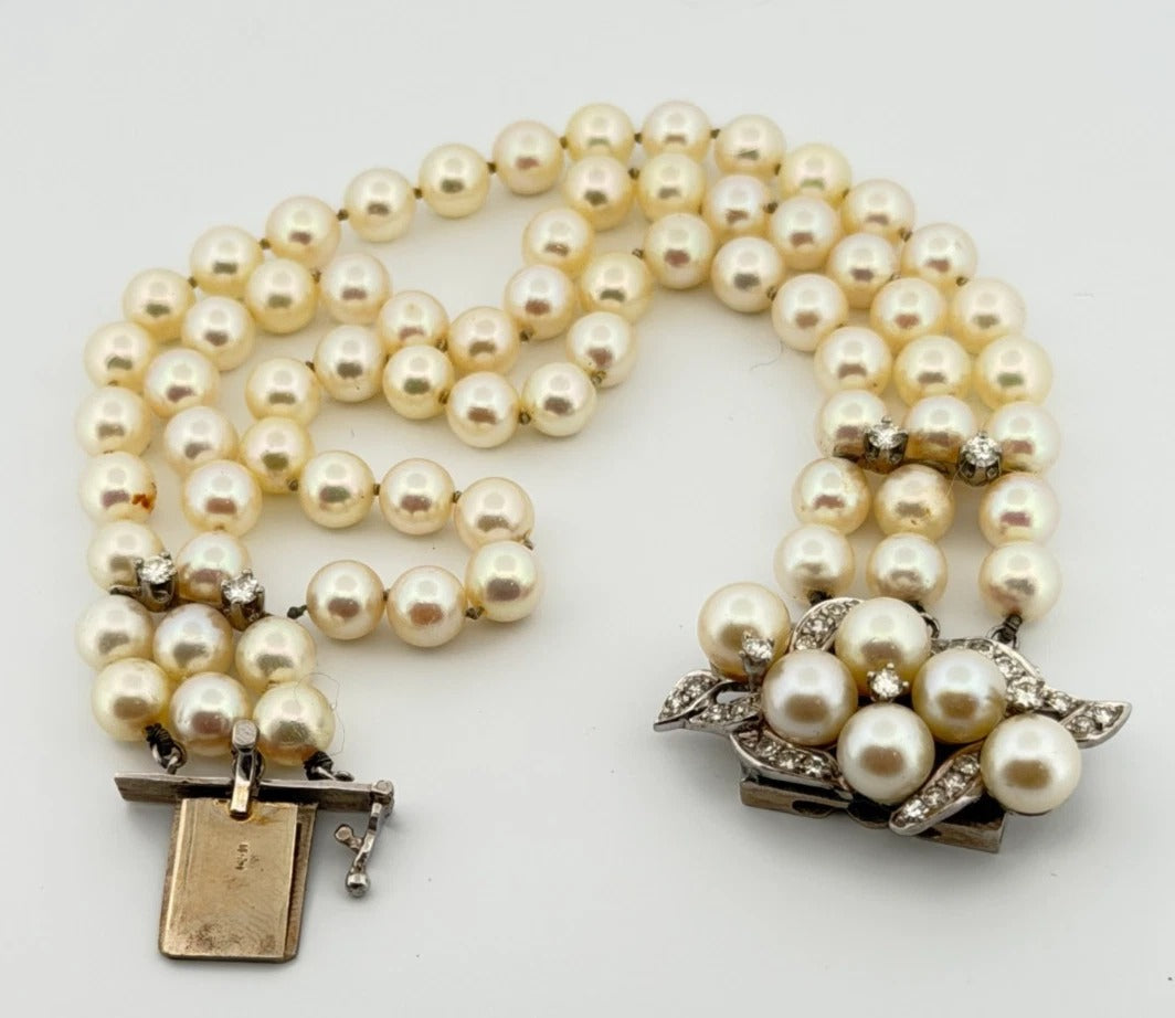 Vintage 10K White Gold 5.50-6mm Three-Strand Akoya Pearl & Diamond Bracelet
