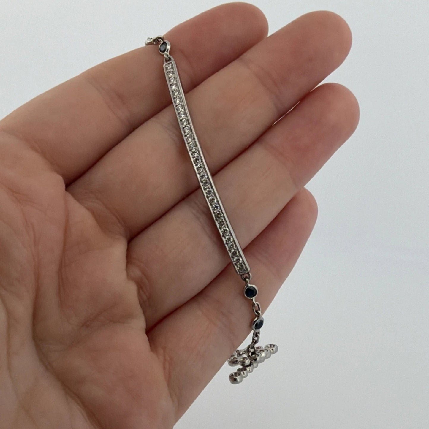 Platinum Diamond & Sapphire Bar Bracelet 1.40CTW Natural Diamonds 7 Inch Toggle - Devine & Co.