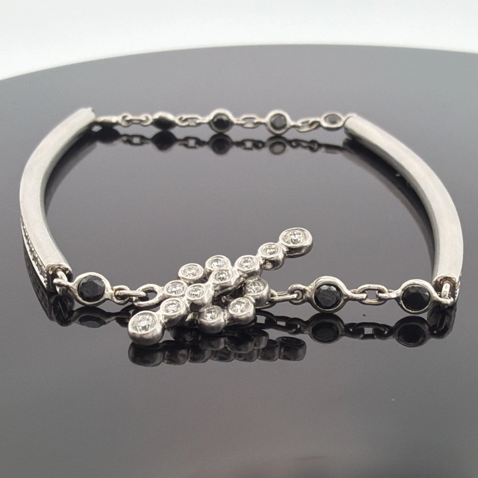 Platinum Diamond & Sapphire Bar Bracelet 1.40CTW Natural Diamonds 7 Inch Toggle - Devine & Co.