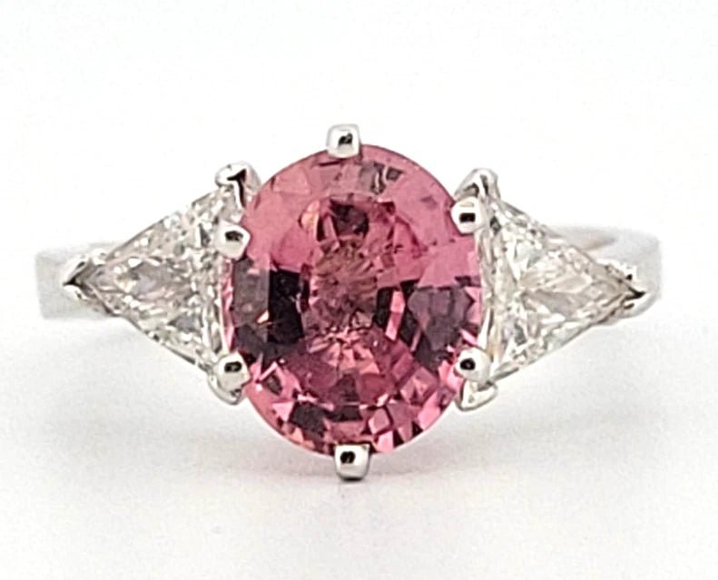 Platinum Natural Padparadscha Sapphire Trillion Diamond Ring 2.16ct .70ctw AIGS - Devine & Co.
