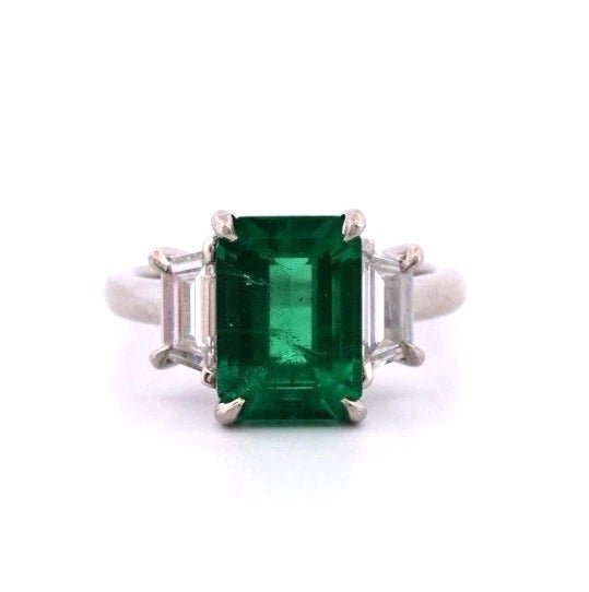 Platinum Natural Zambian Emerald Ring 3.62ct GIA Origin Report Trapezoid Diamond - Devine & Co.