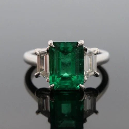 Platinum Natural Zambian Emerald Ring 3.62ct GIA Origin Report Trapezoid Diamond - Devine & Co.
