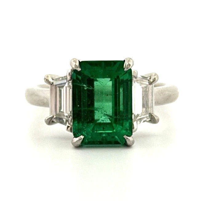 Platinum Natural Zambian Emerald Ring 3.62ct GIA Origin Report Trapezoid Diamond - Devine & Co.