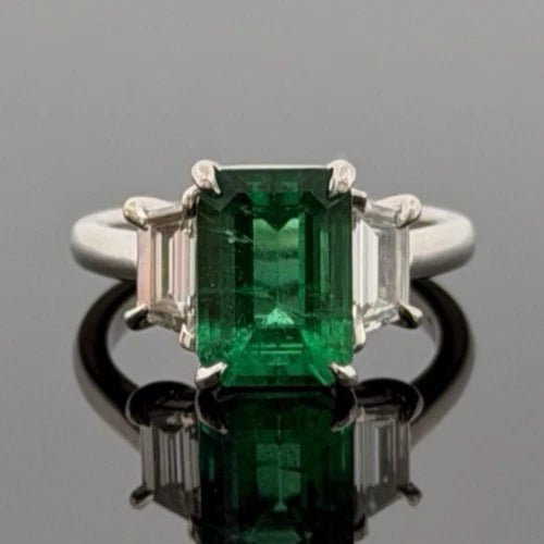Platinum Natural Zambian Emerald Ring 3.62ct GIA Origin Report Trapezoid Diamond - Devine & Co.