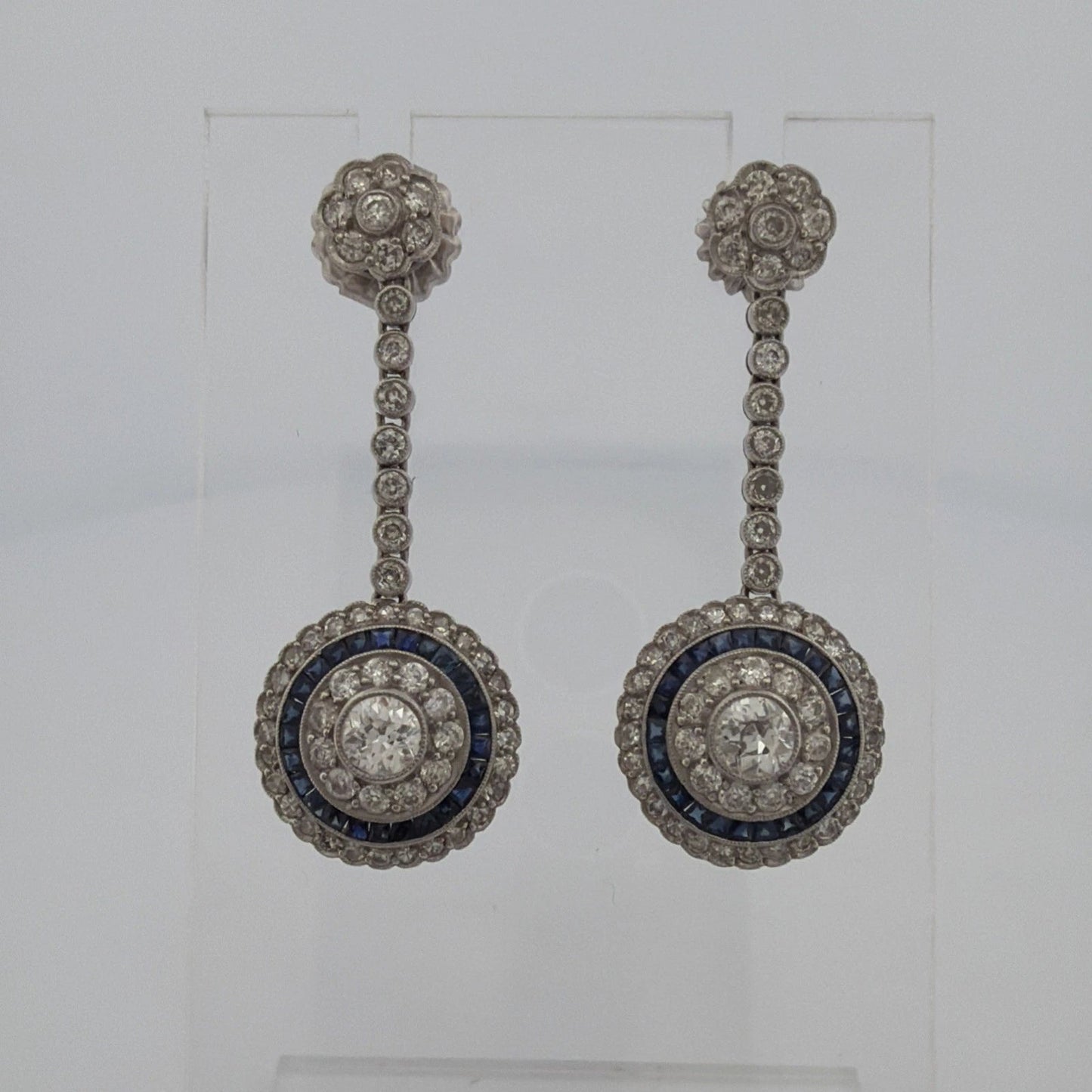 Platinum Sapphire & Old European Natural Diamond Halo Drop Earrings 3.00CTW - Devine & Co.