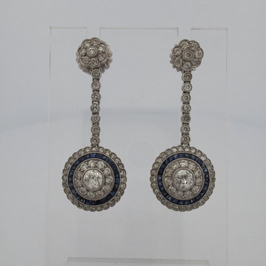 Platinum Sapphire & Old European Natural Diamond Halo Drop Earrings 3.00CTW - Devine & Co.