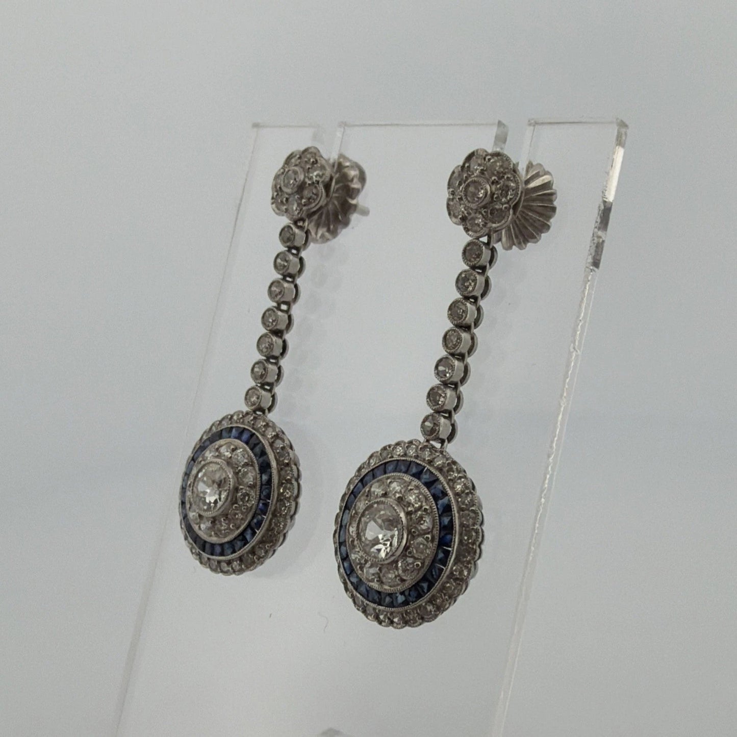 Platinum Sapphire & Old European Natural Diamond Halo Drop Earrings 3.00CTW - Devine & Co.