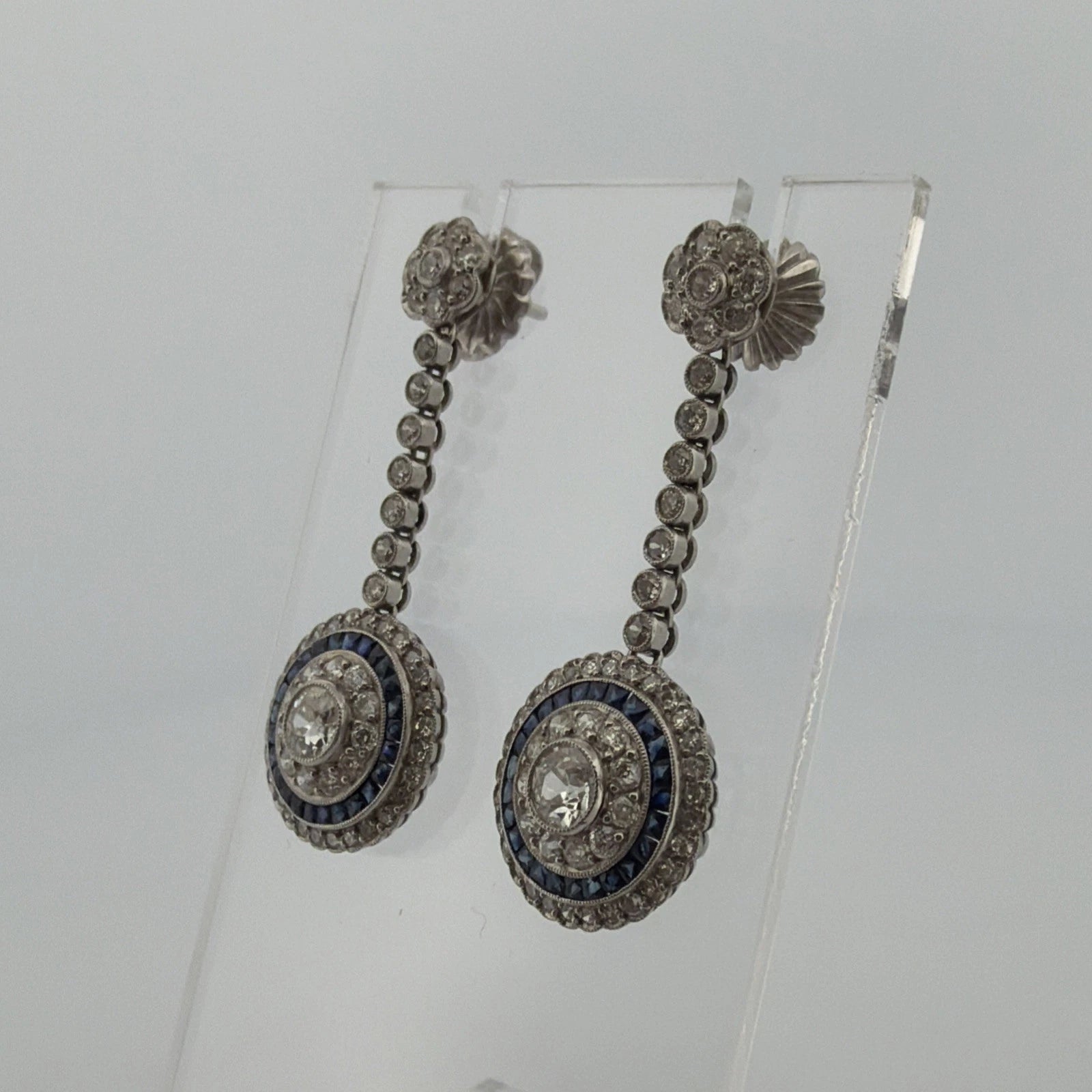 Platinum Sapphire & Old European Natural Diamond Halo Drop Earrings 3.00CTW - Devine & Co.