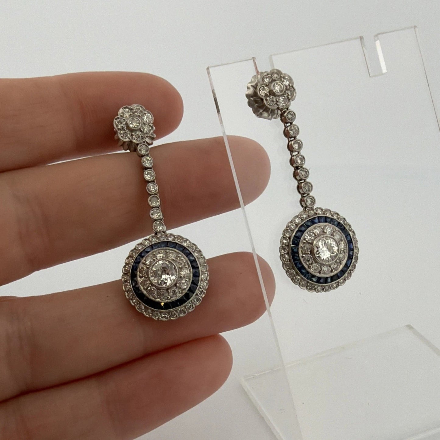 Platinum Sapphire & Old European Natural Diamond Halo Drop Earrings 3.00CTW - Devine & Co.