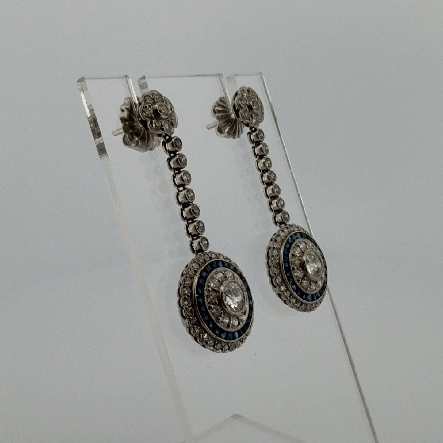 Platinum Sapphire & Old European Natural Diamond Halo Drop Earrings 3.00CTW - Devine & Co.