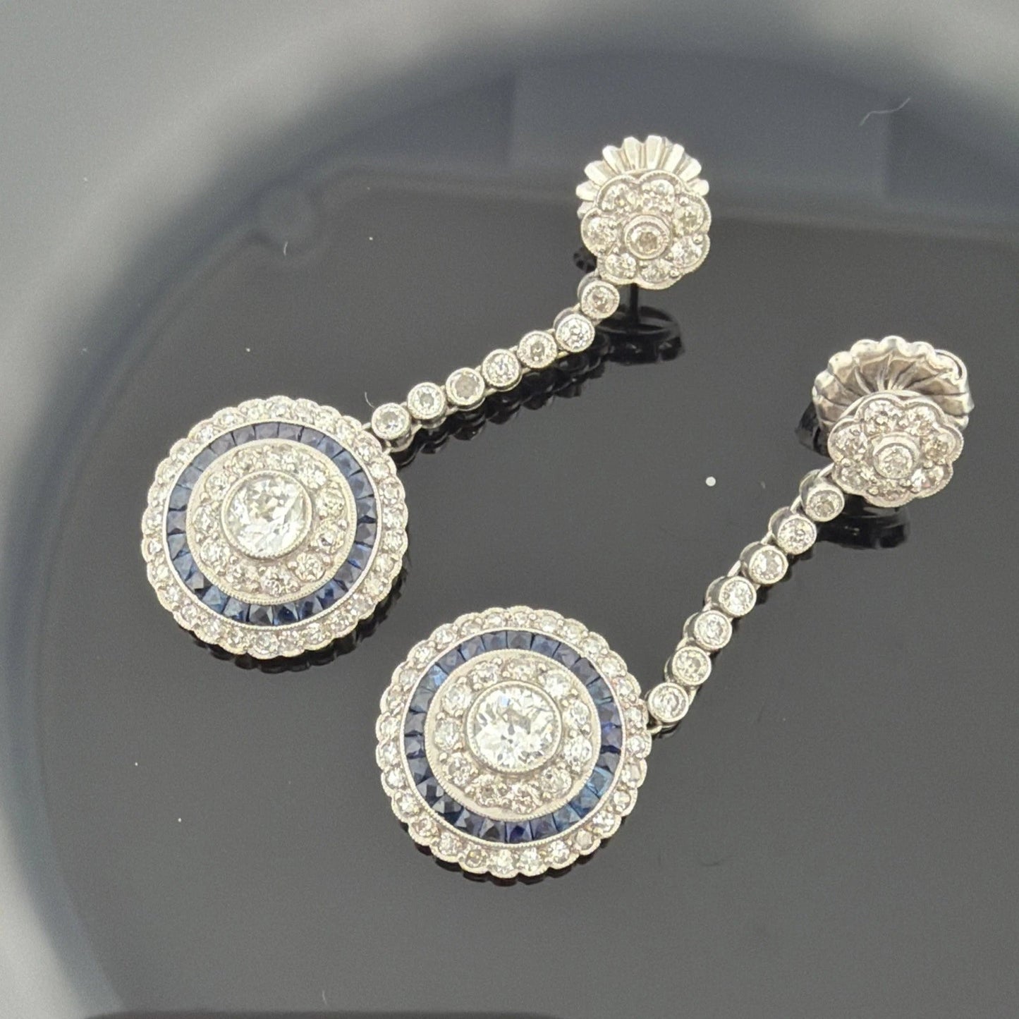Platinum Sapphire & Old European Natural Diamond Halo Drop Earrings 3.00CTW - Devine & Co.