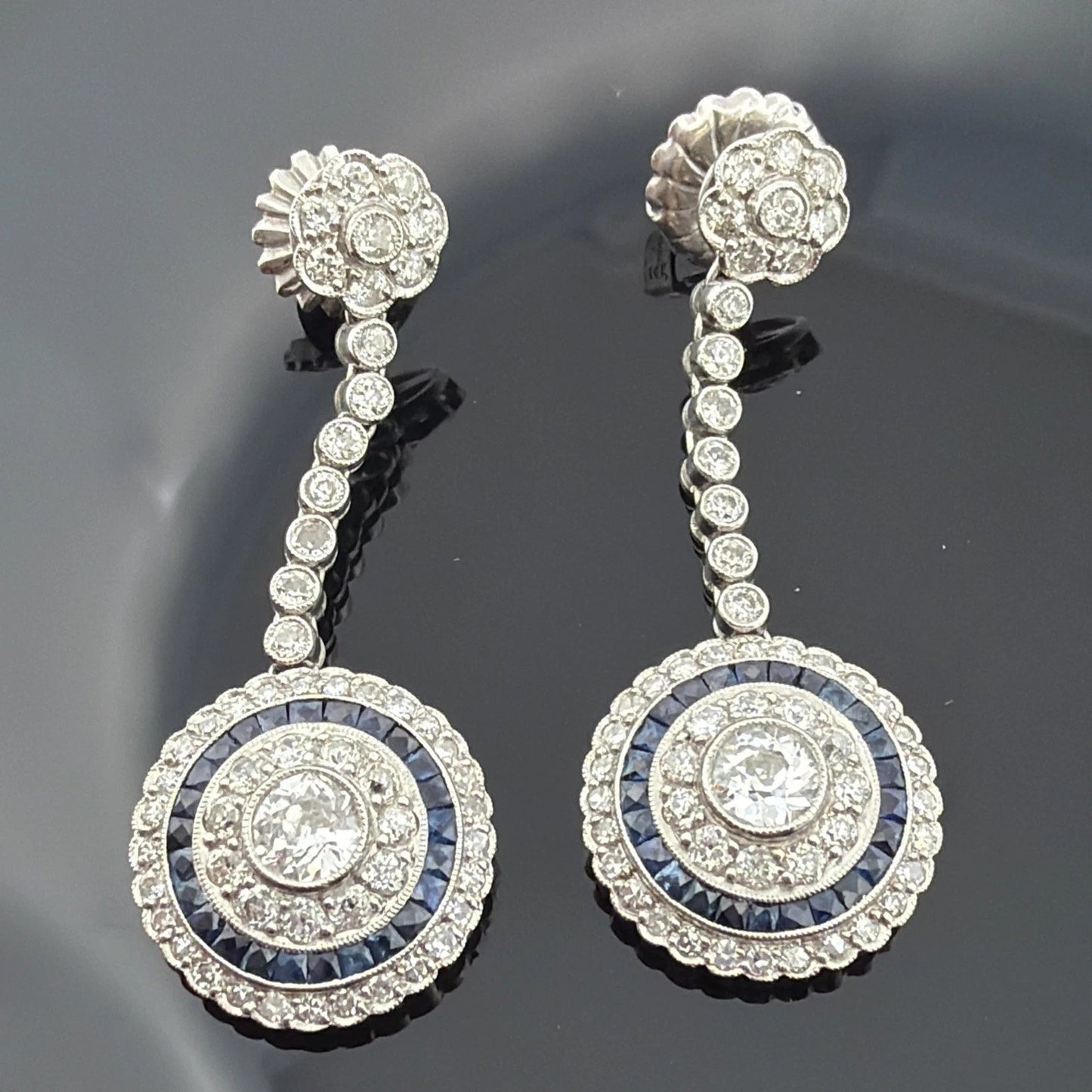 Platinum Sapphire & Old European Natural Diamond Halo Drop Earrings 3.00CTW - Devine & Co.