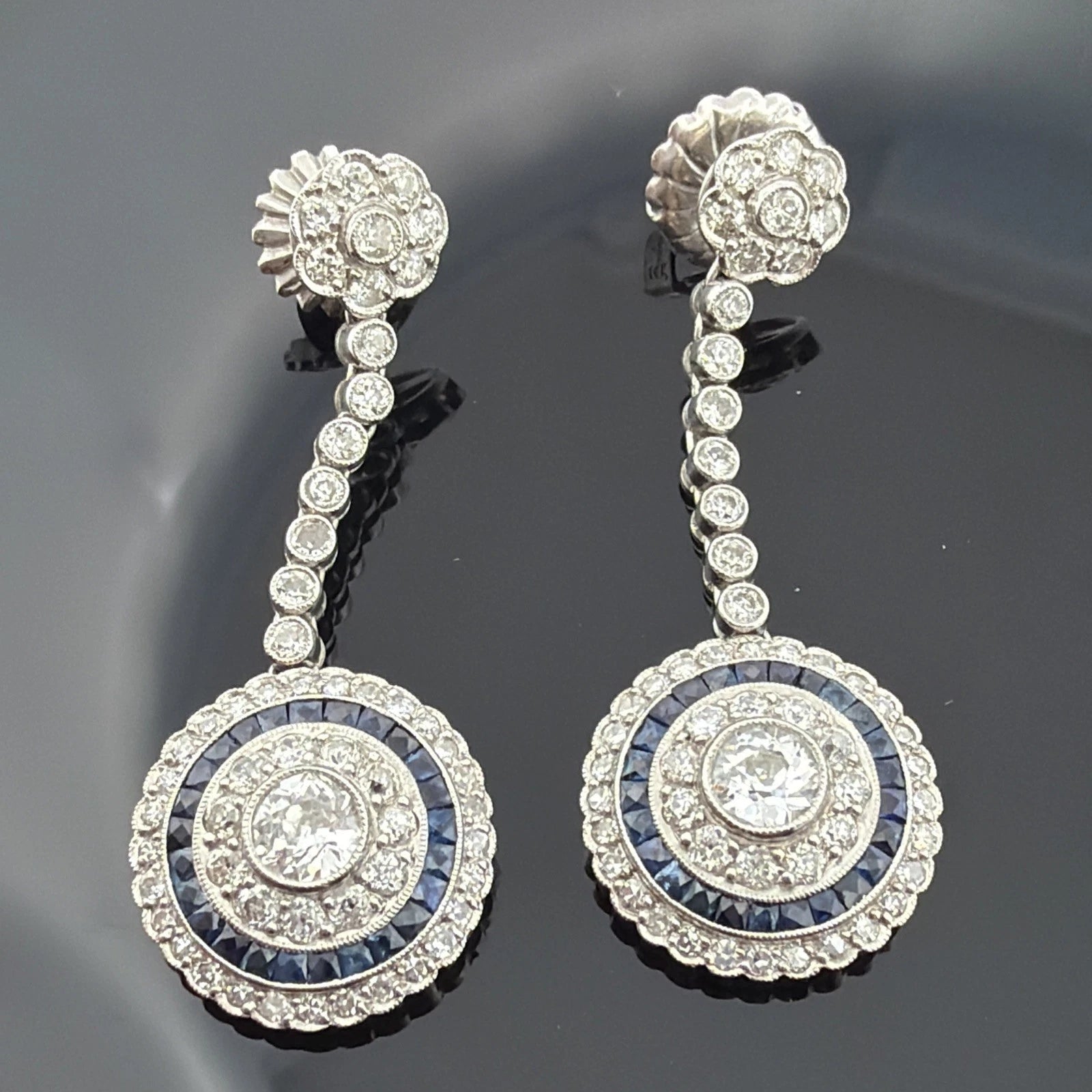 Platinum Sapphire & Old European Natural Diamond Halo Drop Earrings 3.00CTW - Devine & Co.