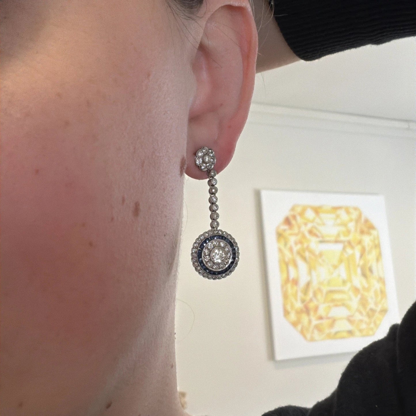 Platinum Sapphire & Old European Natural Diamond Halo Drop Earrings 3.00CTW - Devine & Co.