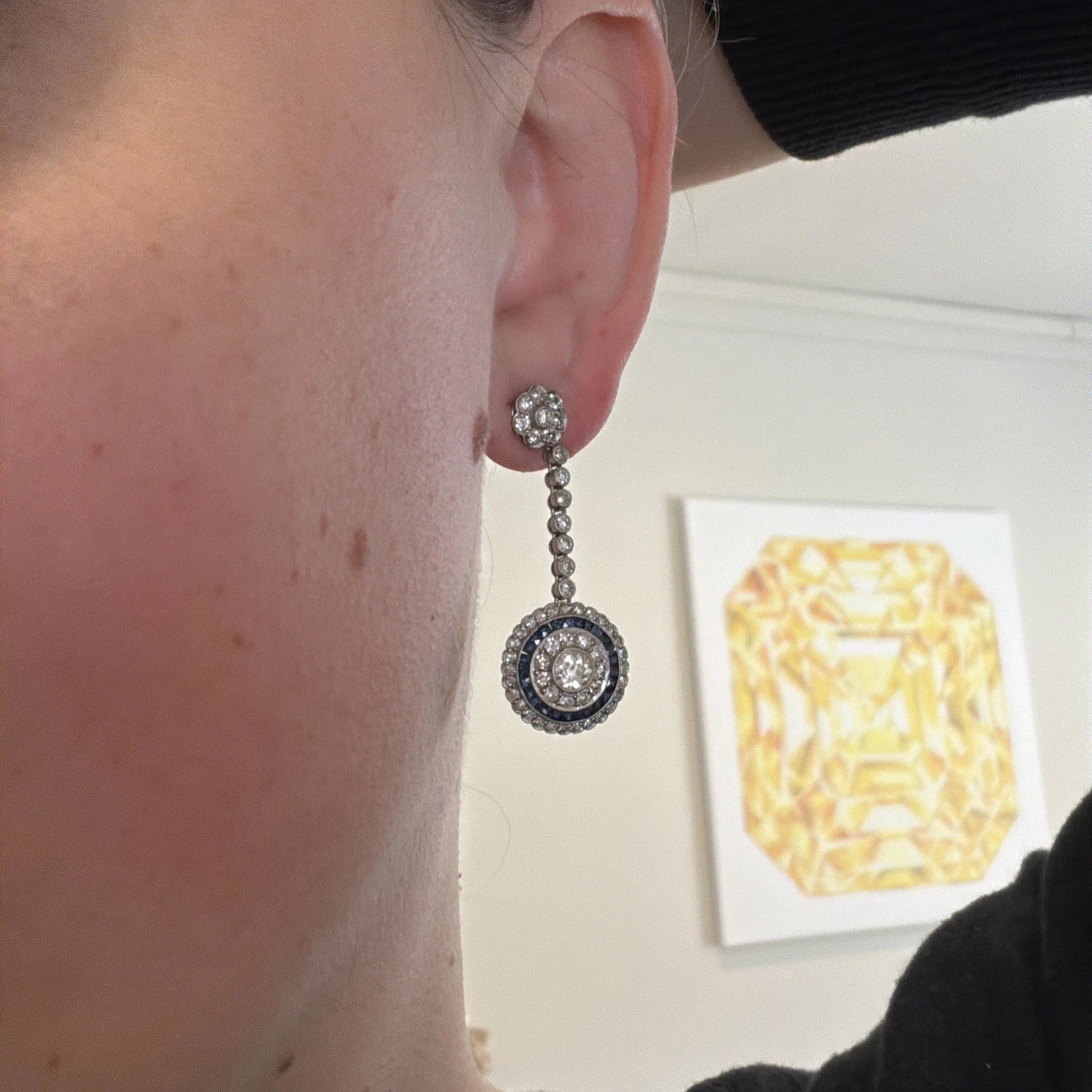 Platinum Sapphire & Old European Natural Diamond Halo Drop Earrings 3.00CTW - Devine & Co.