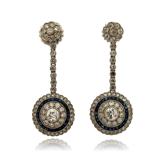 Platinum Sapphire & Old European Natural Diamond Halo Drop Earrings 3.00CTW - Devine & Co.