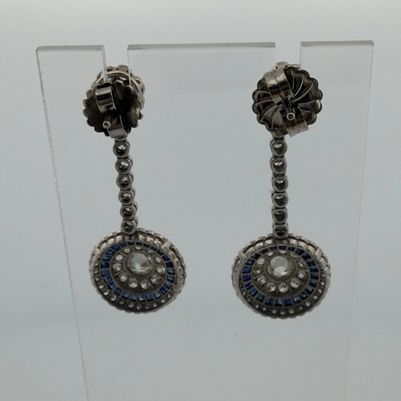 Platinum Sapphire & Old European Natural Diamond Halo Drop Earrings 3.00CTW - Devine & Co.