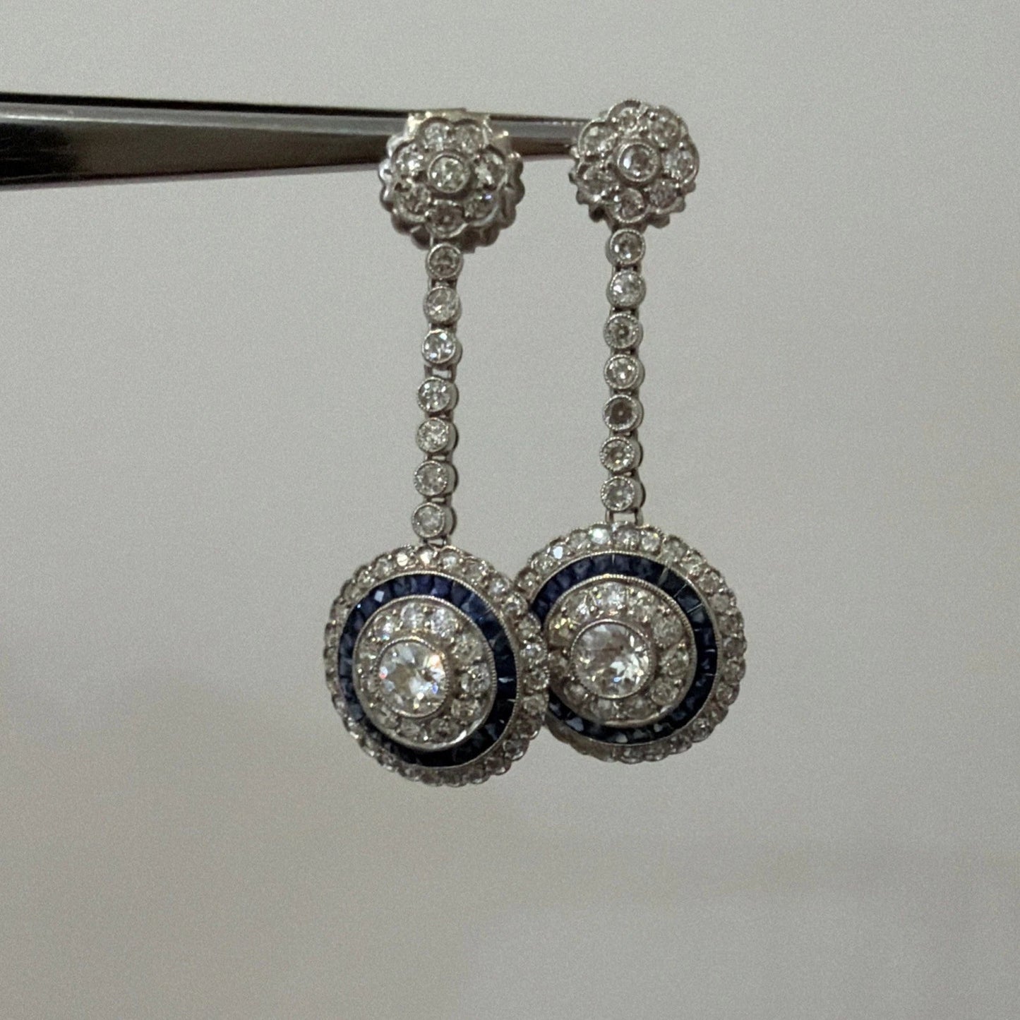 Platinum Sapphire & Old European Natural Diamond Halo Drop Earrings 3.00CTW - Devine & Co.
