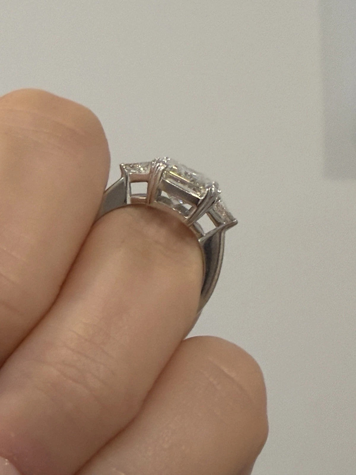 Consignment - Platinum Three-Stone Ring 4.10ct Emerald Cut Diamond GIA Certified Trillion Sides Size 6.5 - platinum, diamo...