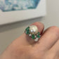 Vintage 14K White Gold South Sea Pearl, Emerald & Diamond Cocktail Ring