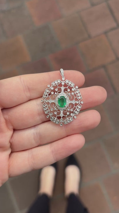 EFFY 14K White Gold Natural Diamond & Oval Green Emerald Filigree Pendant