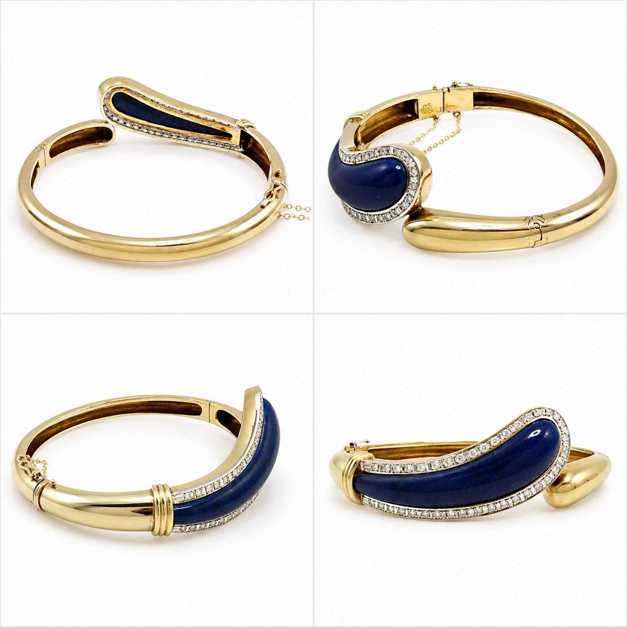 Vintage 14K Yellow Gold Lapis Lazuli Diamond Bypass Bangle Bracelet 24.33g
