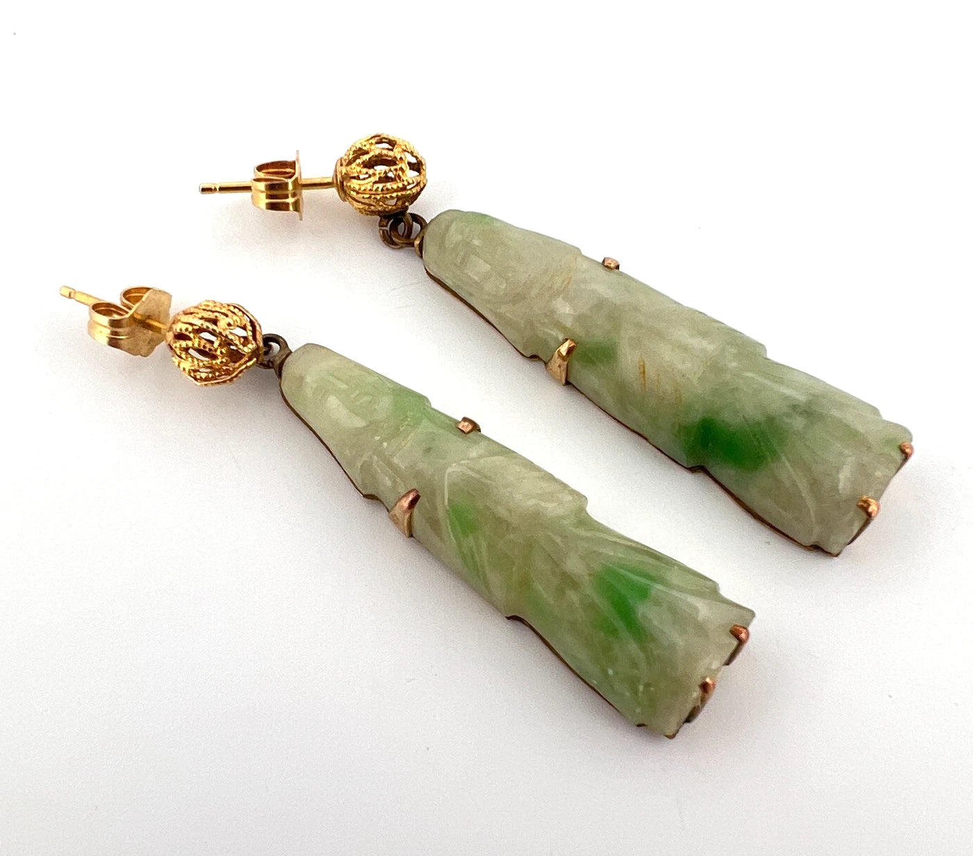 Vintage 14K Gold Carved Jade Drop Earrings Green Jadeite 8.16g Estate
