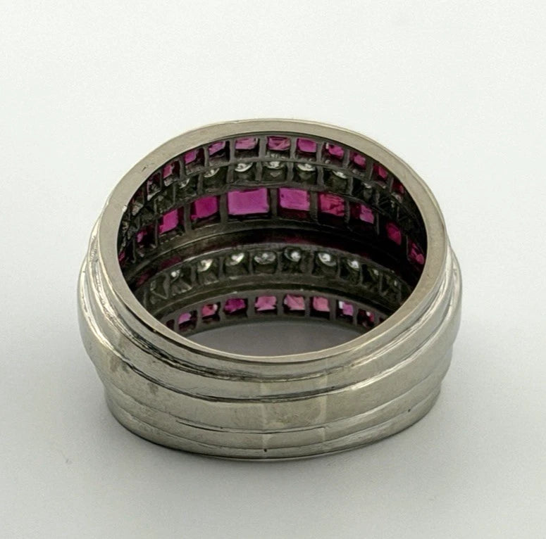 14K White Gold Ruby & Diamond Wide Band Ring Natural Square Rubies Size 7 by Devine & Co — profile view