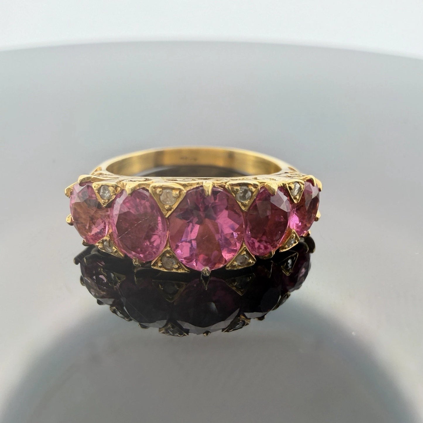 Vintage 15K Yellow Gold Pink Gemstone & Diamond Chip Ring Size 6 Estate