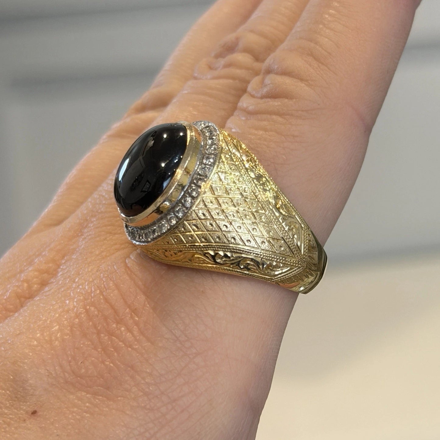 Men's 14K Yellow Gold Natural Black Star Sapphire Diamond Ring Size 12.5, 16.5g