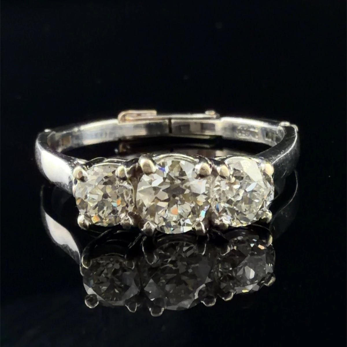 14K White Gold 3 Old European Cut Natural Diamond Ring Arthritic Shank Estate