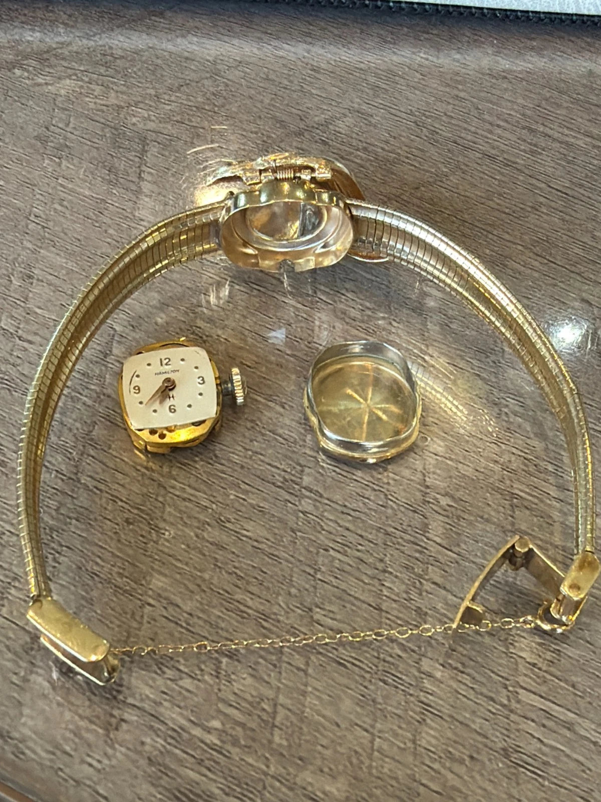 Vintage Hamilton 14K Yellow Gold Hidden Watch Bracelet Florentine Leaf Diamonds by Devine & Co — profile view