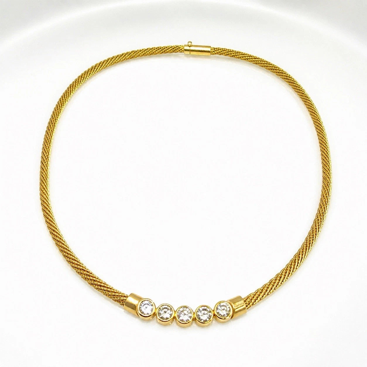 14K Yellow Gold Natural Diamond Bezel Necklace Woven Mesh Chain 18"
