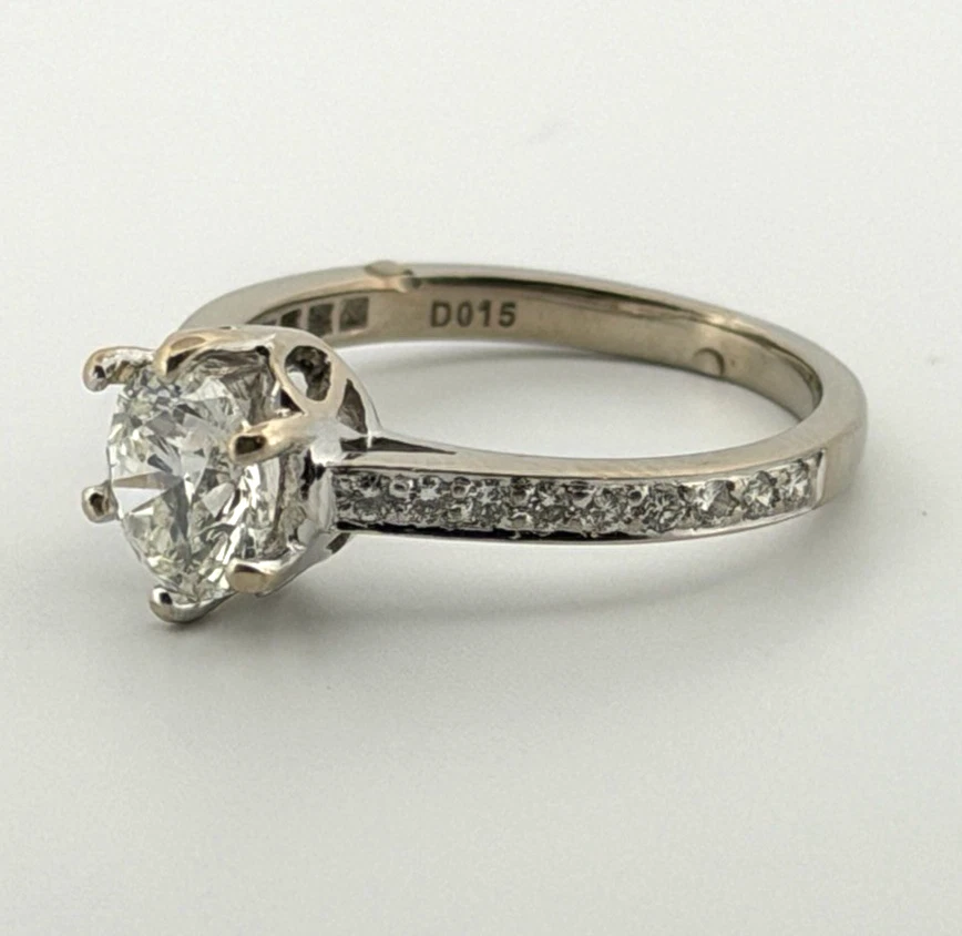 14K White Gold Engagement Ring GIA .96ct Round Natural Diamond SI1 I Size 4.75 by Devine & Co — profile view