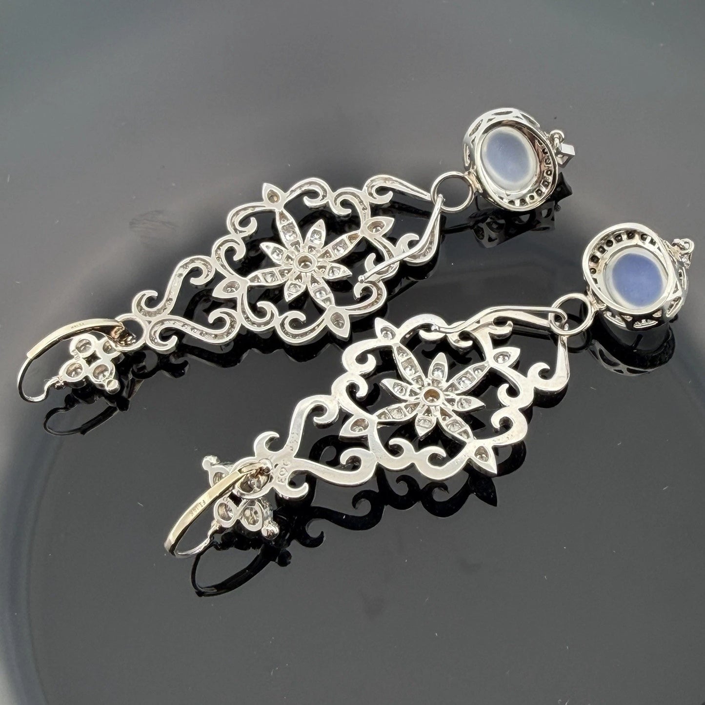 18K & 14K White Gold Moonstone Black Diamond Dangle Earrings 3" 17.9g