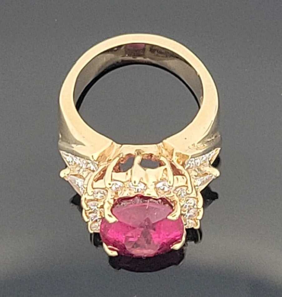 Natural Oval Rubellite Tourmaline Ring 6.90ct & 2CTW Diamonds 14K Yellow Sz 6.5 by Devine & Co — profile view