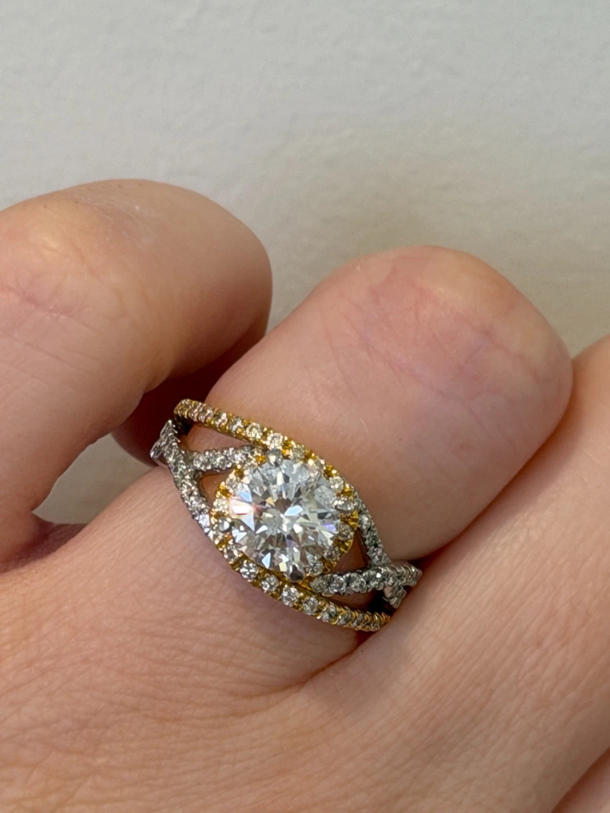 14K Two-Tone Diamond Engagement Ring Round 1.52ct GVS2 EGL Halo Bypass Setting by Devine & Co — back view