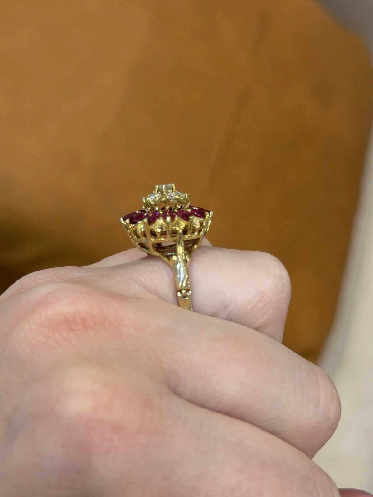 14K Yellow Gold Marquise Ruby & Diamond Cluster Ring – 8.45g – Adjustable 4.5–7 by Devine & Co — profile view