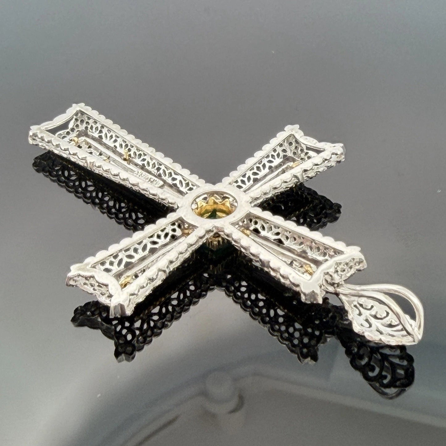 Vintage 18K Two-Tone Gold Natural Emerald Filigree Cross Pendant Italy Large