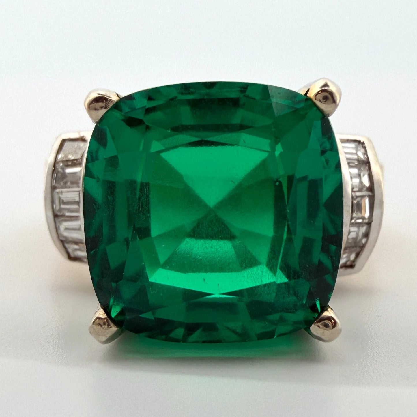 Lab Created Emerald and Diamond Ring 14K Two Tone Gold Heavy Mounting 12x12mm Sz 8, main view