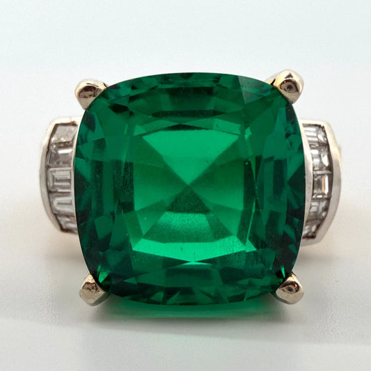 Lab Created Emerald and Diamond Ring 14K Two Tone Gold Heavy Mounting 12x12mm Sz 8, main view