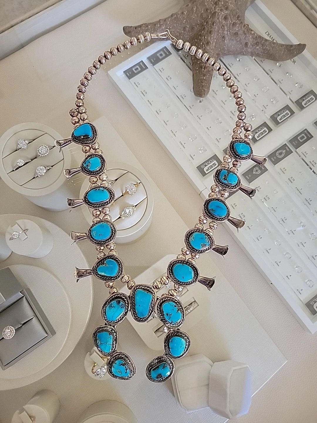 Vintage Sterling Silver Squash Blossom Necklace with Turquoise, 170 Grams, 24" by Devine & Co — back view