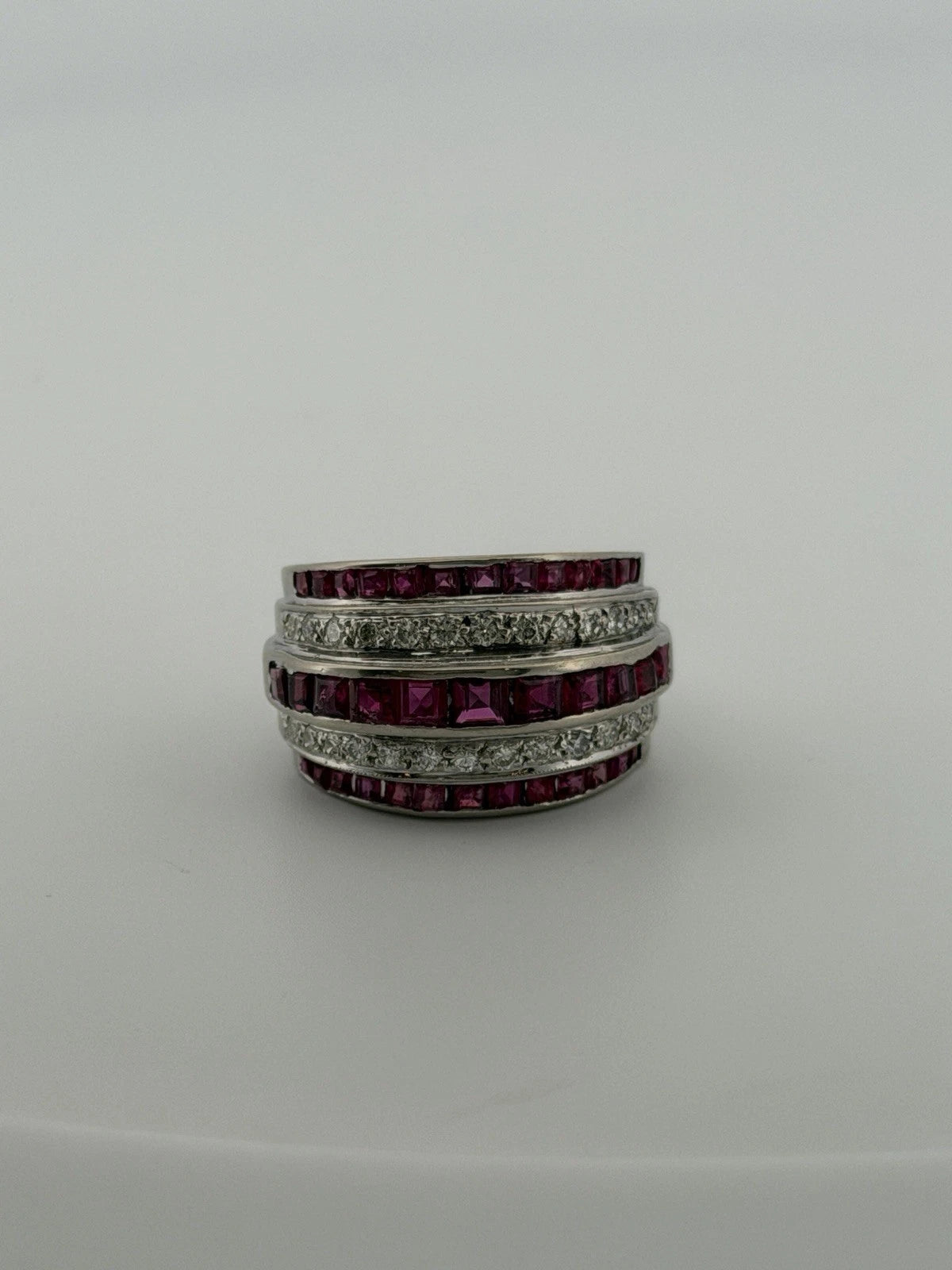 14K White Gold Ruby & Diamond Wide Band Ring Natural Square Rubies Size 7 by Devine & Co — back view