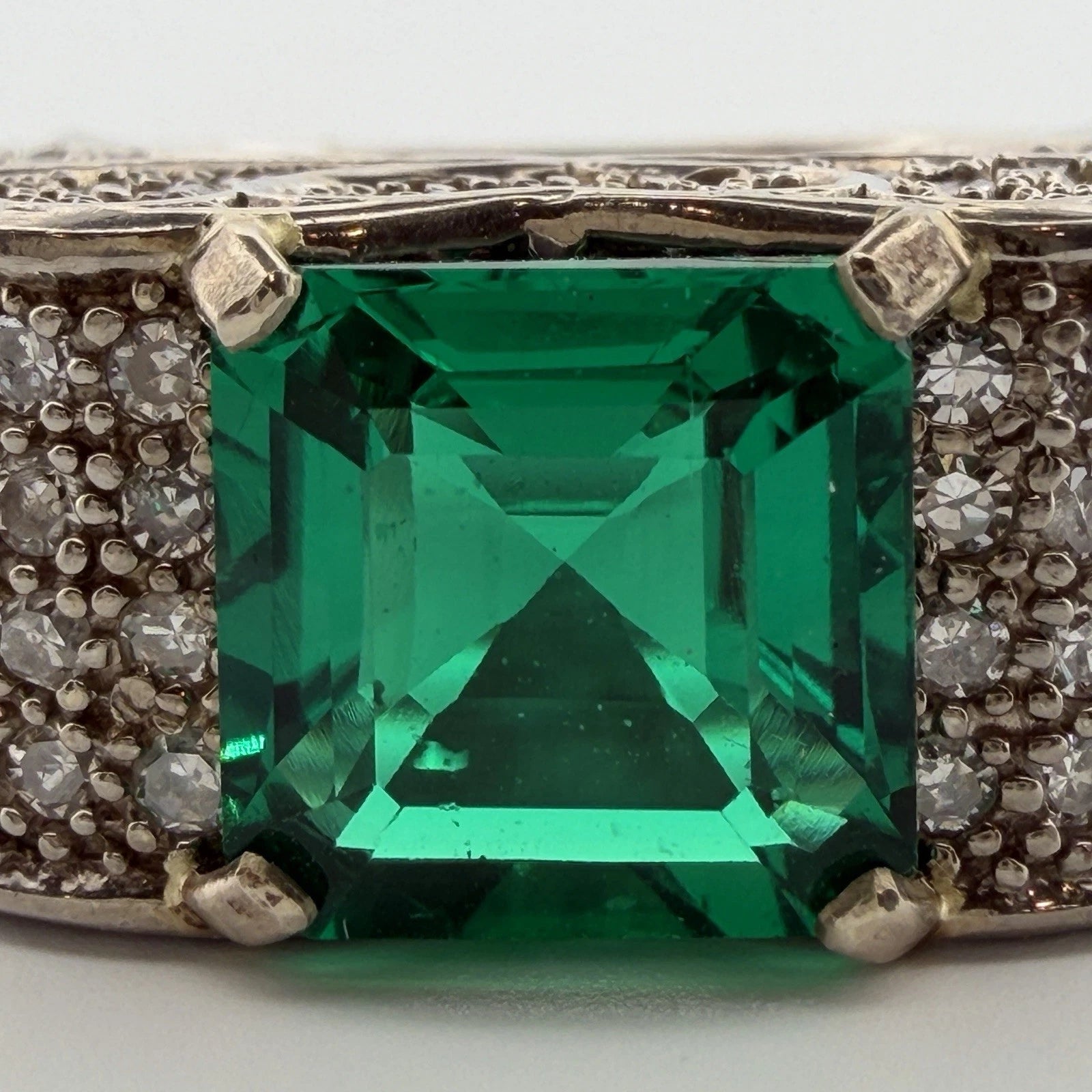 Lab Created Emerald and Diamond Ring 14K White Gold Wide Pavé Mounting 1.50CTW, angled view