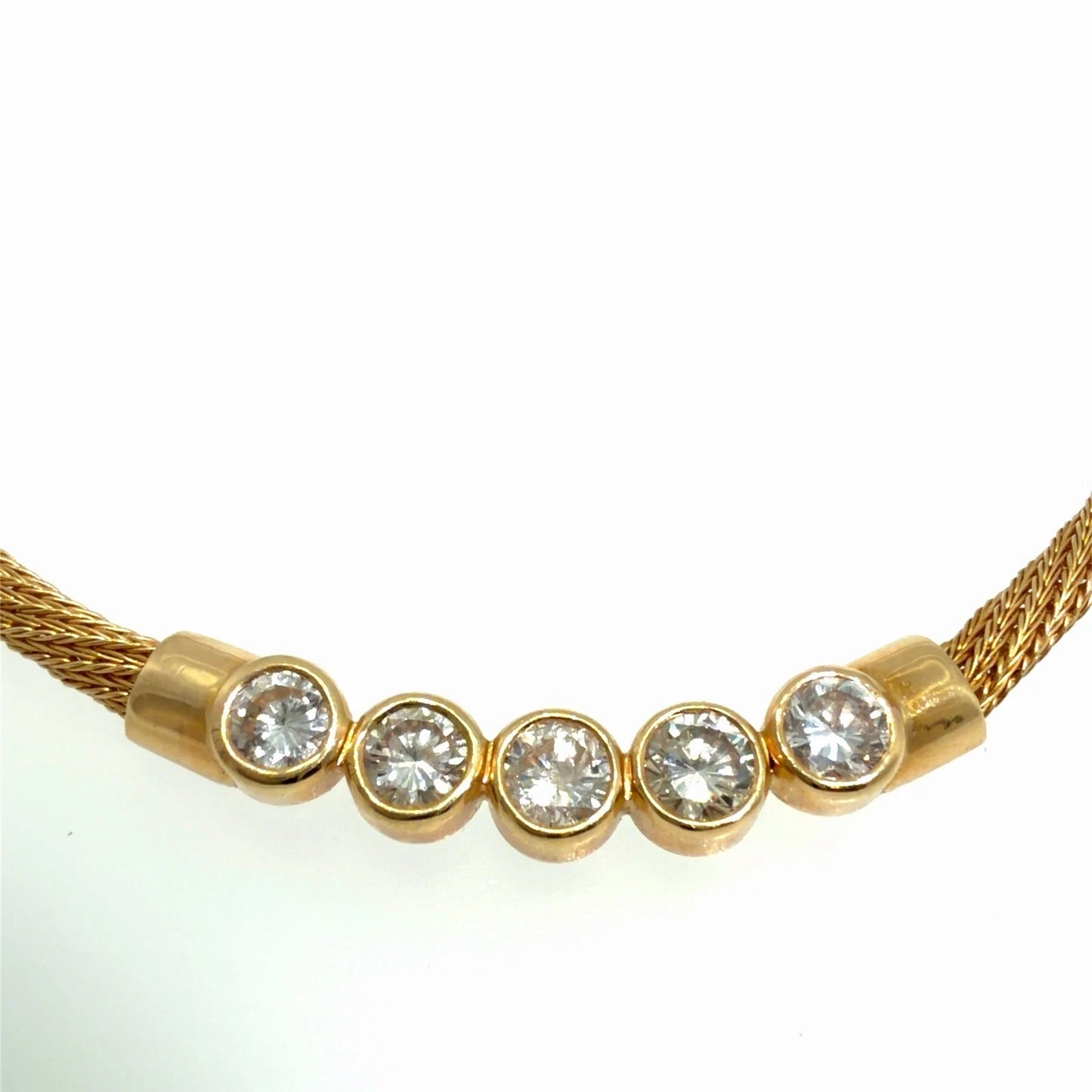 14K Yellow Gold Natural Diamond Bezel Necklace Woven Mesh Chain 18"