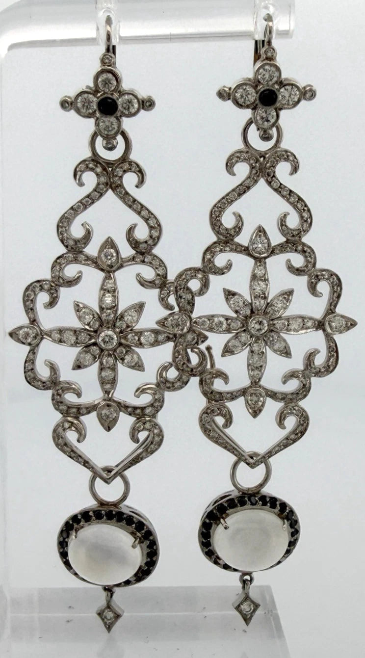 18K & 14K White Gold Moonstone Black Diamond Dangle Earrings 3" 17.9g