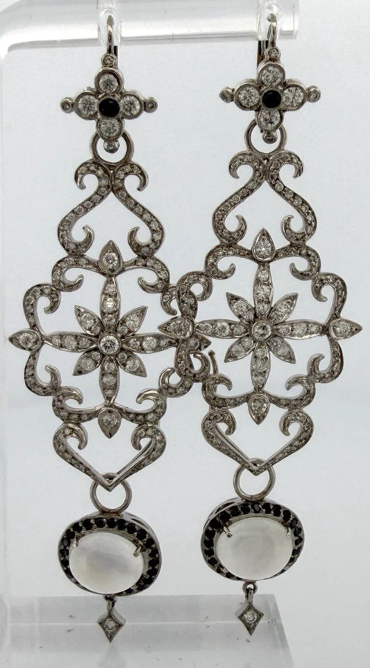 18K & 14K White Gold Moonstone Black Diamond Dangle Earrings 3" 17.9g